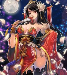 Rule 34 | 1girl, bare shoulders, black hair, black thighhighs, breasts, cleavage, detached sleeves, flower, full moon, hair flower, hair ornament, hand on own hip, jewelry, large breasts, lips, long hair, looking at viewer, lots of jewelry, moon, no panties, original, parted lips, qbspdl, red eyes, smile, solo, thighhighs
