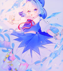 Rule 34 | 1girl, arms up, blue bow, blue eyes, blue hair, blue shirt, blue skirt, bow, bowtie, buttons, cirno, collar, collared shirt, flower, flying, gradient background, grey background, hair between eyes, hands up, highres, ice, ice wings, leaf, light, looking at viewer, open mouth, puffy short sleeves, puffy sleeves, purple flower, red bow, red bowtie, shadow, shirt, short hair, short sleeves, skirt, smile, solo, touhou, user psuf4854, wings, wrist cuffs