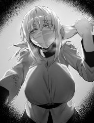 Rule 34 | 1girl, absurdres, breasts, fate/grand order, fate (series), florence nightingale (fate), greyscale, highres, hxd, large breasts, looking at viewer, mask, military, military uniform, monochrome, mouth mask, short hair, solo, uniform