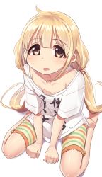 Rule 34 | 1girl, bare arms, bare legs, barefoot, between legs, blonde hair, brown eyes, clothes writing, collarbone, flat chest, futaba anzu, hair between eyes, hand between legs, idolmaster, idolmaster cinderella girls, long hair, looking at viewer, low twintails, multicolored clothes, multicolored shorts, open mouth, oversized clothes, oversized shirt, shirt, short sleeves, shorts, simple background, sitting, solo, spread legs, striped clothes, striped shorts, t-shirt, tareme, twintails, very long hair, wagashi928, wariza, white background, white shirt, you work you lose