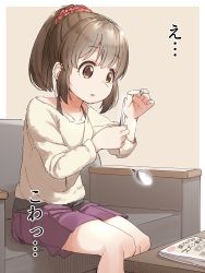 Rule 34 | 1girl, brown background, brown eyes, brown hair, brown shirt, collarbone, couch, hair ornament, hair scrunchie, hand up, high ponytail, highres, holding, holding spoon, hori yuko, idolmaster, idolmaster cinderella girls, long sleeves, looking away, on couch, parted lips, pleated skirt, ponytail, purple skirt, red scrunchie, scrunchie, shirt, sidelocks, sitting, skirt, solo, spoon, table, translation request, two-tone background, white background, yukie (kusaka shi)