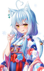 Rule 34 | 1girl, :q, ahoge, animal ears, blue footwear, blue hair, blue hakama, blue nails, blush, bow, cat ears, cat girl, cat tail, closed mouth, commentary request, cup, ear piercing, floral print, flower, hair between eyes, hair ornament, hair over shoulder, hairclip, hakama, hakama skirt, heart, heart ahoge, highres, holding, holding cup, hololive, japanese clothes, kemonomimi mode, kimono, long hair, low twintails, multicolored hair, nail polish, piercing, pink flower, print kimono, red bow, rukinya (nyanko mogumogu), simple background, skirt, smile, snowflake background, solo, streaked hair, tail, tail raised, tongue, tongue out, twintails, virtual youtuber, white background, white kimono, yagasuri, yellow eyes, yukihana lamy, yukihana lamy (new year)