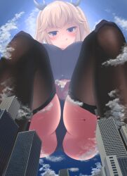 Rule 34 | 1girl, absurdres, aircraft, airplane, ass, black bow, black gloves, black panties, black shirt, blonde hair, blue eyes, blue sky, blush, bow, breasts, buttons, cloud, from below, giant, giantess, gloves, hair bow, hair ornament, highres, kneehighs, large breasts, licking lips, long hair, looking down, medium bangs, migi 33, original, panties, shaded face, shirt, size difference, skirt, sky, socks, solo, squatting, star (symbol), star hair ornament, tight clothes, tight shirt, tongue, tongue out, two-tone skirt, umi kanata, underwear
