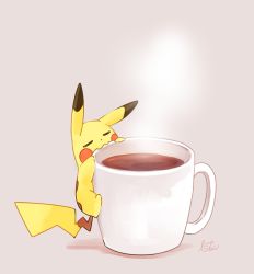 Rule 34 | blush stickers, climbing, coffee, creature, closed eyes, gen 1 pokemon, grey background, lai (pixiv1814979), no humans, pikachu, pokemon, pokemon (creature), simple background, solo