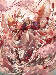 Rule 34 | 1girl, bird, bow, branch, brown hair, cherry blossoms, facial mark, falling petals, feet, floral print, full body, hair bow, hand fan, highres, holding, holding fan, japanese clothes, kimono, long hair, looking at viewer, nanahara shie, obi, original, outstretched arms, parted lips, petals, pink kimono, purple bow, red ribbon, red sash, ribbon, sash, solo, spread arms, thick eyebrows, thighs