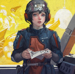 Rule 34 | 1girl, armor, black hair, blue jacket, c-01 permit (helldivers), eagle 1 (helldivers), english text, helldivers (series), helmet, highres, holding, holding paper, indoors, jacket, looking at viewer, open mouth, paper, pilot helmet, pilot suit, shirt, short hair, solo, spacecraft, white shirt, xianggang jizhe