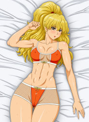 Rule 34 | 1girl, abs, adapted costume, bed sheet, bikini, blonde hair, blush, breasts, brown eyes, capcom, covered erect nipples, final fight, final fight 2, fishnets, genryuusai maki, highres, long hair, lying, makani kohitujito, midriff, navel, on back, ponytail, small breasts, solo, street fighter, swimsuit, tankini, thigh gap