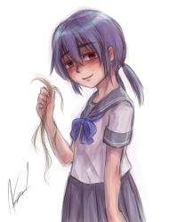 Rule 34 | 1girl, aosora (mizore), blue bow, bow, holding, holding own hair, original, purple hair, red eyes, school uniform, serafuku, shaded face, smile, solo, twintails, yandere
