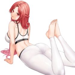 Rule 34 | 1girl, ass, barefoot, blush, bra, braid, breasts, feet, highres, large breasts, legs up, lillly, long hair, looking at viewer, looking back, lying, mole, mole under eye, on stomach, open mouth, original, pants, pantylines, red eyes, red hair, sideboob, solo, sports bra, sportswear, the pose, underwear, white background, yoga pants