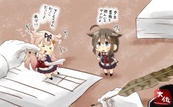 Rule 34 | &gt; &lt;, 1boy, 2girls, admiral (kancolle), ahoge, black gloves, blonde hair, bottle, brown hair, chibi, closed eyes, commentary request, expressive hair, flying sweatdrops, gloves, gradient hair, hair flaps, hair ornament, hair ribbon, ink bottle, kantai collection, kneehighs, military, military uniform, mini person, minigirl, multicolored hair, multiple girls, naval uniform, neckerchief, necktie, papers, pleated skirt, poking, quill, revision, ribbon, scarf, shigure (kancolle), skirt, socks, taisa (kari), translated, uniform, white gloves, white scarf, yuudachi (kancolle), | |