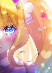 Rule 34 | 1girl, absurdres, blonde hair, blue eyes, blush, choker, collarbone, cure finale, delicious party precure, eyelashes, hair ornament, head out of frame, highres, kasai amane, long hair, looking at viewer, minccino7, portrait, precure, solo, star (symbol), star hair ornament, white choker