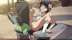 Rule 34 | 1girl, ace (ppg), anal, black hair, breasts, converse, eyeshadow, flower, gorillaz, hair between eyes, hair flower, hair ornament, head tilt, makeup, missionary, murdoc niccals, naughty face, no panties, noodle (gorillaz), pussy, shoes, small breasts, sneakers, socks, uncensored, vaginal, zone (artist)