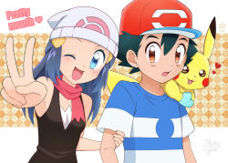 Rule 34 | 1boy, 1girl, :3, arm up, ash ketchum, bare shoulders, baseball cap, beanie, black hair, black shirt, blue eyes, blue hair, blue shirt, breasts, brown eyes, candy, creatures (company), dawn (pokemon), eating, english text, food, game freak, gen 1 pokemon, hair between eyes, hair ornament, hairclip, hand up, hat, heart, highres, holding own arm, kouzuki (reshika213), long hair, looking at another, looking at viewer, nintendo, on shoulder, one eye closed, open mouth, orange background, outstretched arm, pikachu, poke ball theme, pokemon, pokemon (anime), pokemon (creature), pokemon dppt (anime), pokemon on shoulder, pokemon sm (anime), red headwear, red scarf, scarf, shirt, short hair, short sleeves, sleeveless, sleeveless shirt, small breasts, smile, striped clothes, striped shirt, teeth, upper body, v, watermark, white headwear, wink