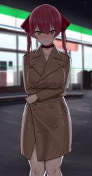 Rule 34 | 1girl, absurdres, blush, choker, coat, female pervert, hair between eyes, heterochromia, highres, hololive, houshou marine, kuro (zhurunbo1997), looking at viewer, nervous smile, night, outdoors, pervert, red eyes, red hair, smile, solo, standing, trench coat, two side up, virtual youtuber, yellow eyes