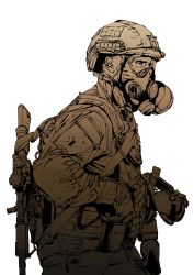 Rule 34 | 1boy, absurdres, ak-74, alatchenkov, ammunition pouch, army, assault rifle, bad id, bad twitter id, belt, blue eyes, commentary, gas mask, gloves, gun, hand on own thigh, helmet, highres, jacket, kalashnikov rifle, long sleeves, looking to the side, male focus, mask, military, military jacket, military uniform, monochrome, original, pocket, pouch, rifle, russia, scope, simple background, soldier, solo, uniform, upper body, weapon, weapon on back, white background