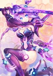 Rule 34 | 10s, 1girl, bad id, bad pixiv id, blue eyes, boots, braid, breasts, cleavage, cleavage cutout, clothing cutout, commentary, gloves, hair ornament, highres, holding, holding sword, holding weapon, jpeg artifacts, large breasts, long hair, neptune (neptunia), neptune (series), power symbol, power symbol-shaped pupils, purple hair, purple heart (neptunia), purple thighhighs, solo, sword, sxbzero, symbol-shaped pupils, thigh boots, thighhighs, twin braids, very long hair, weapon