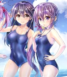 Rule 34 | 10s, 2girls, akebono (kancolle), bare shoulders, bell, black hair, blush, breasts, brown eyes, cleavage, competition school swimsuit, covered navel, day, flower, from side, hair bell, hair flower, hair ornament, hand on own hip, jingle bell, kantai collection, koyuki (kotatsu358), large breasts, long hair, looking at viewer, multiple girls, one-piece swimsuit, purple eyes, purple hair, school swimsuit, side ponytail, smile, standing, swimsuit, ushio (kancolle)