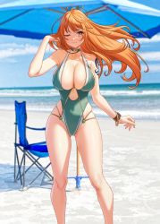 Rule 34 | 1girl, alternate costume, beach, bracelet, breasts, brown eyes, closed mouth, commentary, covered navel, gluteal fold, green one-piece swimsuit, highres, jewelry, large breasts, long hair, looking at viewer, nami (one piece), one-piece swimsuit, one eye closed, one piece, orange hair, outdoors, smile, solar (happymonk), solo, standing, straight-on, swimsuit, tattoo, thighs