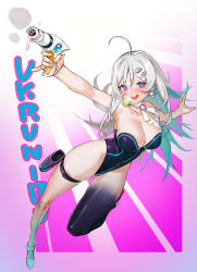 Rule 34 | 1girl, ahoge, aqua footwear, arm up, blue eyes, blush, breasts, breath, covered navel, creature, creature on shoulder, earrings, english text, fingernails, glowing, gradient background, grey hair, gun, hair between eyes, hair ornament, hairclip, highres, holding, holding gun, holding weapon, holster, jewelry, kare huang, large breasts, leotard, long hair, multicolored eyes, nail polish, on shoulder, open mouth, original, pink eyes, pink nails, planet, planet earrings, purple leotard, ribbon, saliva, saliva trail, skindentation, smile, smoke, solo, suggestive fluid, sweat, teeth, tongue, tongue out, upper teeth only, virtual youtuber, weapon, white ribbon, yellow nails