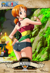 Rule 34 | 1boy, 1girl, :o, ass, back, bangle, bare shoulders, bracelet, breasts, fire, from behind, hat, highres, jewelry, looking back, monkey d. luffy, nami (one piece), one piece, one piece: treasure cruise, open mouth, orange eyes, orange hair, shirt, short shorts, shorts, sleeveless, sleeveless shirt, smoke, straw hat, text focus