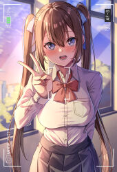 Rule 34 | 1girl, arm behind back, black skirt, blue eyes, blue ribbon, blush, bow, bowtie, breast pocket, brown hair, camera, cityscape, cloud, collared shirt, gradient sky, hair between eyes, hair ribbon, hand up, highres, hirorinwelcome, indoors, light rays, long hair, looking at viewer, open mouth, original, pleated skirt, pocket, red bow, red bowtie, ribbon, shirt, shirt tucked in, sidelocks, skirt, sky, sunbeam, sunlight, sunset, teeth, tree, twintails, uniform, v, very long hair, viewfinder, white ribbon, white shirt, window