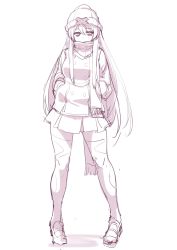 Rule 34 | 1girl, bags under eyes, beanie, covered mouth, fringe trim, full body, greyscale, hair between eyes, hands in pockets, hat, hiraga matsuri, legs apart, long hair, looking at viewer, miniskirt, monochrome, original, scarf, simple background, sketch, skirt, solo, standing, thighhighs, very long hair, zettai ryouiki