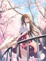 Rule 34 | 1girl, :o, absurdres, blue sky, branch, brown hair, cherry blossoms, day, hair blowing, highres, holding, holding umbrella, keis (locrian1357), long hair, original, outdoors, parted lips, petals, railing, red eyes, red ribbon, red skirt, ribbon, shirt, skirt, sky, solo, standing, tree, umbrella, white shirt, wind, wind lift