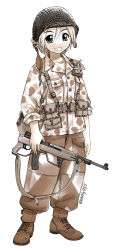 Rule 34 | 1girl, :d, boots, camouflage, combat helmet, ebifly, full body, gun, gun sling, hair between eyes, helmet, highres, holding, holding gun, holding weapon, looking at viewer, m1 helmet, military, monochrome, open mouth, original, pants, pouch, rifle, simple background, smile, solo, standing, stasnding, twitter username, weapon, white background