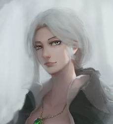 Rule 34 | 1girl, bad id, bad pixiv id, bloodborne, blue eyes, eyelashes, gem, gray bear, jewelry, lady maria of the astral clocktower, lips, long hair, low ponytail, necklace, nose, popped collar, silver hair, simple background, solo, the old hunters