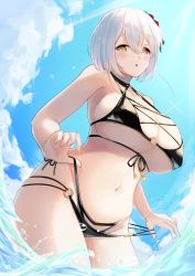 Rule 34 | 1girl, absurdres, alicia renato (yashiro sousaku), bikini, black bikini, blue sky, blush, breasts, cleavage, cloud, collar, commentary request, commission, feet out of frame, flower, hair flower, hair ornament, heterochromia, hibiscus, highres, huge breasts, igayan, layered bikini, looking at viewer, navel, o-ring, o-ring bikini, original, parted lips, red eyes, second-party source, short hair, side-tie bikini bottom, skindentation, sky, solo, swimsuit, thighs, wading, water, white hair, yellow eyes