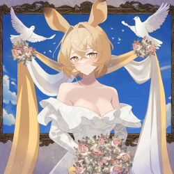 Rule 34 | 1girl, animal ears, arknights, bare shoulders, bird, blonde hair, bouquet, breasts, cleavage, collarbone, commentary request, dorothy (arknights), dr.lamina, dress, flower, hair intakes, highres, large breasts, long sleeves, looking at viewer, off-shoulder dress, off shoulder, picture frame, short hair, smile, solo, upper body, white dress, yellow eyes