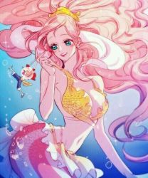 Rule 34 | 1girl, bikini, blue eyes, blush, giant, giantess, lips, looking at another, lowres, mermaid, monkey d. luffy, monster girl, navel, one piece, pink hair, shirahoshi, solo, swimsuit