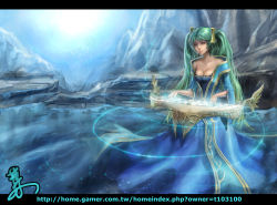 Rule 34 | 1girl, breasts, cleavage, dress, foliage, green hair, hair ornament, instrument, league of legends, letterboxed, long hair, solo, sona (league of legends), twintails, watermark, web address