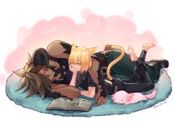 2boys animal_ears anklet arm_around_shoulder au_ra axolotl barefoot belt black_shirt black_tank_top blonde_hair book brown_hair cat_boy cat_ears cat_tail collarbone commentary_request couple dark-skinned_male dark_skin dated dragon_horns facial_mark final_fantasy final_fantasy_xiv full_body highres horns jewelry looking_at_another lying male_focus medium_hair miqo&#039;te multiple_boys muscular muscular_male on_grass on_stomach one_eye_closed open_book pants pink_background shiroesa shirt short_hair simple_background size_difference sleeping sleeveless smile soles spiked_hair spooning tail tank_top the_pose warrior_of_light_(ff14) white_background yaoi yellow_eyes