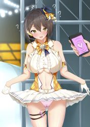 Rule 34 | 1girl, ?, absurdres, ahoge, arm strap, azur lane, backstage, baltimore (azur lane), baltimore (muse) (azur lane), bare shoulders, belt, black headwear, blush, bow, braid, breasts, brown hair, buckle, center frills, center opening, cleavage, clothes lift, clothing cutout, collared shirt, commentary, cowboy shot, crop top, french braid, frills, gloves, gluteal fold, growing naru, hair between eyes, hat, headset, heart, heart-shaped buckle, heart-shaped pupils, highres, holding, holding phone, idol, large breasts, lifted by self, looking at viewer, mind control, mini hat, navel, navel cutout, official alternate costume, open mouth, orange bow, panties, phone, pink panties, pleated skirt, pussy juice, sex toy, shirt, short hair, sidelocks, skirt, skirt lift, sleeveless, solo focus, stage lights, stained panties, standing, sweat, symbol-shaped pupils, thigh strap, underboob, underboob cutout, underwear, vibrator, vibrator under clothes, white belt, white gloves, white shirt, white skirt, yellow eyes