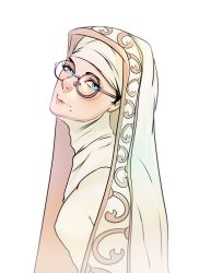 Rule 34 | 1girl, alternate costume, bad id, bad tumblr id, bayonetta, bayonetta (series), black hair, blue eyes, breasts, glasses, highres, lips, looking at viewer, mole, mole under mouth, nun, short hair, simple background, smile, solo, superboin, traditional nun, white background