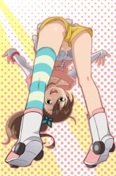 Rule 34 | 0hpefte6sb, 1girl, bent over, brown hair, butterfly hair ornament, chousoku henkei gyrozetter, from behind, from below, hair ornament, inaba rinne, shorts, side ponytail, single thighhigh, solo, thighhighs, upshorts, wakusei hakai otoko