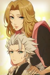 Rule 34 | 1boy, 1girl, annoyed, aqua eyes, bad id, bad twitter id, bleach, blonde hair, blue eyes, breasts, cleavage, eyes visible through hair, from side, frown, hands on another&#039;s shoulders, hitsugaya toushirou, japanese clothes, kimono, large breasts, lips, lipstick, long hair, looking at viewer, makeup, matsumoto rangiku, mole, mole under mouth, orange hair, parted lips, sash, shawl, short hair, smile, spiked hair, sweat, sweatdrop, upper body, white hair, yellow background, yukin (es)