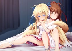 Rule 34 | 2girls, ^ ^, ahoge, animal ears, anklet, bare shoulders, barefoot, bed sheet, bell, blonde hair, blue eyes, blue ribbon, blush, brown hair, closed eyes, closed mouth, collarbone, commentary request, curtains, dress, feet, fox ears, fox girl, fox tail, frilled dress, frilled skirt, frills, hair between eyes, hair ribbon, haryuu (poetto), high ponytail, hug, hug from behind, indoors, jewelry, jingle bell, kitsune, kyuubi, long hair, long sleeves, looking at another, looking back, multiple girls, multiple tails, no panties, nose blush, original, partially visible vulva, ponytail, red ribbon, red skirt, ribbon, shirt, sidelocks, sitting, skirt, sleeveless, sleeveless dress, smile, spread legs, tail, very long hair, white dress, white shirt, wrist ribbon, yuri