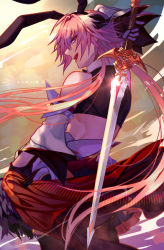 Rule 34 | 1boy, animal ears, astolfo (fate), astolfo (saber) (fate), rabbit ears, commentary request, cosplay, crop top, detached sleeves, fake animal ears, fang, fate/grand order, fate (series), fingerless gloves, from behind, gloves, hairband, holding, holding sword, holding weapon, long hair, looking back, low twintails, male focus, march ab, open mouth, pink eyes, pink hair, smile, solo, sword, trap, twintails, twitter username, weapon