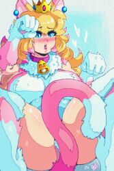 Rule 34 | 1girl, animal ears, benbeau, blonde hair, blue background, blue eyes, blush, breasts, cat ears, cat peach, cat tail, gloves, highres, large breasts, leotard, long hair, mario (series), multicolored hair, nintendo, open mouth, paw gloves, pink hair, princess peach, sitting, solo, spread legs, super mario 3d world, tail, two-tone hair