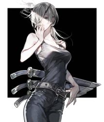 Rule 34 | 1girl, bare arms, bare shoulders, belt, between fingers, black background, black eyes, black pants, black tank top, breasts, chainsaw man, cigarette, cleavage, cowboy shot, eyepatch, hair over one eye, hair over shoulder, high-waist pants, highres, holding, holding cigarette, koshika rina, long hair, looking at viewer, low ponytail, medium breasts, multiple weapons, one eye covered, pants, parted lips, ponytail, quanxi (chainsaw man), smoke, smoking, solo, sword, sword behind back, tank top, weapon, white hair
