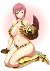 Rule 34 | 1girl, absurdres, anagumasan, armor, armpits, bare shoulders, bikini armor, boots, braid, braided ponytail, breasts, cleavage, gladiator, hands on own hips, highres, large breasts, long hair, navel, no panties, one piece, pelvic curtain, ponytail, rebecca (one piece), red eyes, revealing clothes, shiny skin, sideboob, single braid, sitting, solo, standing, wide hips