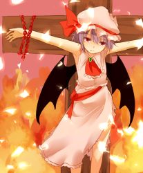 Rule 34 | 1girl, armpits, ascot, bat wings, blue hair, burning at the stake, chain, crucifixion, hat, miyo (ranthath), outstretched arms, red eyes, remilia scarlet, short hair, skirt, skirt set, solo, torn clothes, touhou, wings