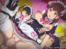 Rule 34 | 1boy, 4girls, akiba maid sensou, animal ears, apron, arm support, artist name, black hair, blonde hair, blunt bangs, blush, bow, breasts, brown hair, censored, clothed sex, crossed arms, crying, crying with eyes open, debt collector (akiba maid sensou), dutch angle, eufoniuz, fake animal ears, fanbox username, green scrunchie, hair ornament, hair scrunchie, headband, hetero, highres, indoors, leaning back, long hair, looking away, maid, maid headdress, medium breasts, mosaic censoring, multiple girls, nipples, no bra, nose blush, open clothes, open mouth, open shirt, paid reward available, panties around leg, penis, pig ears, pink bow, ponytail, puffy short sleeves, puffy sleeves, purple eyes, pussy, pussy juice, rape, red headband, reverse cowgirl position, scrunchie, sex, sex from behind, shiipon (akiba maid sensou), shiny skin, short sleeves, sidelocks, skirt around belly, straddling, sweat, tears, tenchou (akiba maid sensou), testicles, tongue, torso grab, twintails, two side up, vaginal, wahira nagomi, watermark, wavy mouth, white apron, wide-eyed, yellow eyes, yumechi (akiba maid sensou)