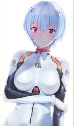 Rule 34 | 1girl, ayanami rei, blue hair, blush, bodysuit, breasts, gloves, hair ornament, highres, looking at viewer, medium breasts, neon genesis evangelion, parted lips, plugsuit, red eyes, short hair, simple background, solo, tipo (tipoplaza), upper body, white background, white bodysuit, white gloves