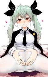 Rule 34 | 10s, 1girl, anchovy (girls und panzer), black cape, blush, cape, censored, drill hair, female focus, girls und panzer, green hair, grin, hair ribbon, han (jackpot), heart, heart hands, heavy breathing, long hair, long sleeves, looking at viewer, miniskirt, naughty face, necktie, no panties, on bed, pantyhose, partially visible vulva, pussy, red eyes, ribbon, school uniform, see-through, shirt, shoes, simple background, sitting, skirt, smile, solo, spread legs, twin drills, twintails, white background, white pantyhose, white shirt
