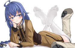 Rule 34 | 1girl, absurdres, blue eyes, blue hair, blush, boots, feet, highres, long hair, looking at viewer, lts kakuyo, lying, mushoku tensei, on stomach, roxy migurdia, shoes, smile, soles, the pose, thighhighs, unworn boots, unworn shoes, white thighhighs