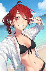 Rule 34 | 1girl, absurdres, beach, bikini, black bikini, collarbone, commentary, dutch angle, grin, hand up, highres, jacket, kasane teto, looking at viewer, midriff, navel, ocean, one eye closed, open clothes, open jacket, outstretched arm, red eyes, red hair, selfie, short hair, smile, solo, swimsuit, twin drill, upper body, utau, v, v over eye, white jacket, yasutange