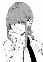 Rule 34 | 1girl, braid, braided ponytail, brown eyes, business suit, chainsaw man, collared shirt, female focus, formal, hand on own chin, highres, light smile, long hair, looking at viewer, makima (chainsaw man), monochrome, necktie, ponytail, ringed eyes, shirt, simple background, smile, solo, suit, upper body, white background